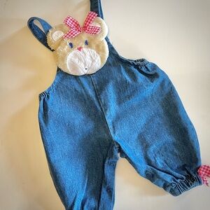 VINTAGE HOPSCOTCH Blue Denim Kids Overalls with Bear Design 6/9 months